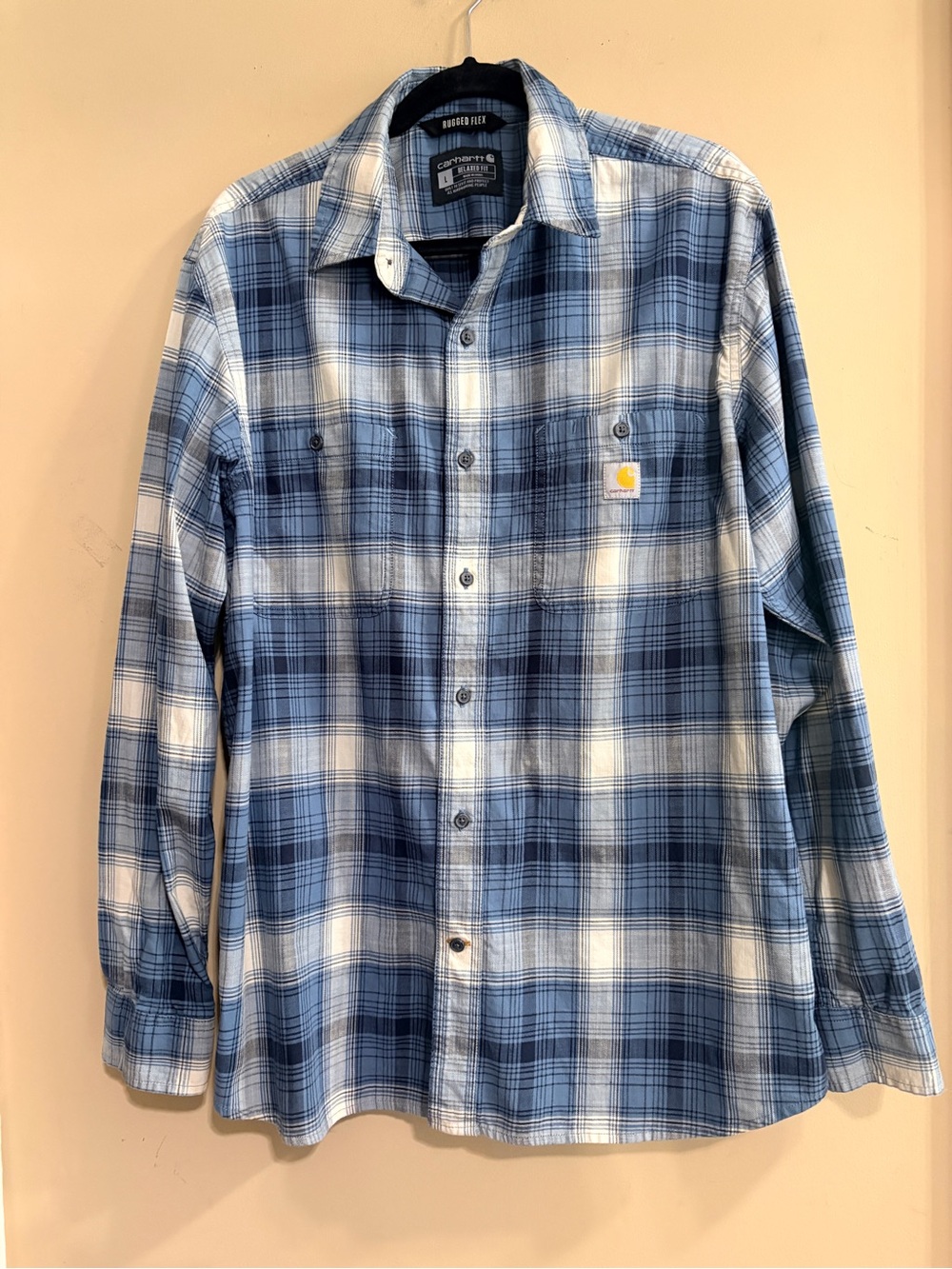 Carhartt Rugged Flex Blue and White Plaid Button-Down Shirt Relaxed Fit Large